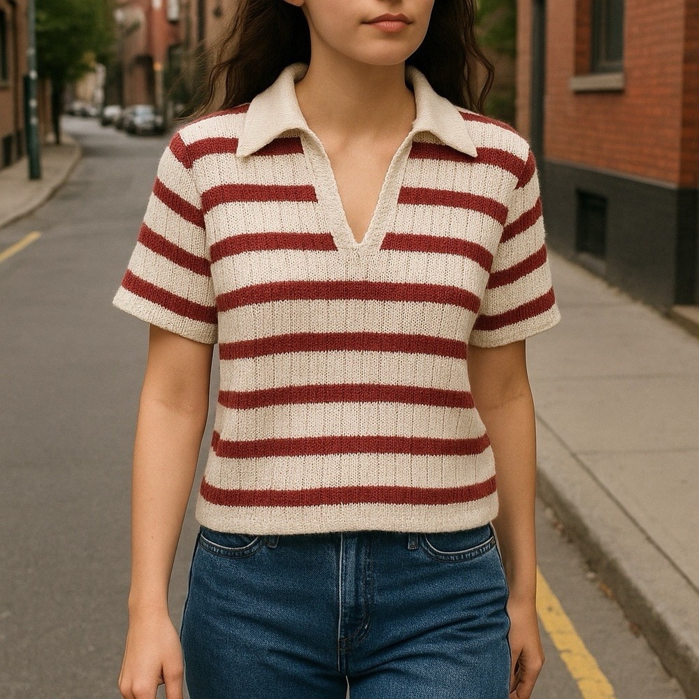 Madewell Sweater‎ Tee Womens L Stripe Crochet Knit V Neck Boho Preppy Minimalist